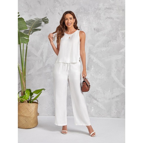 Pants - 2 piece set: Cut Out Side Tank Top & Drawstring Waist Wide Leg Pants white